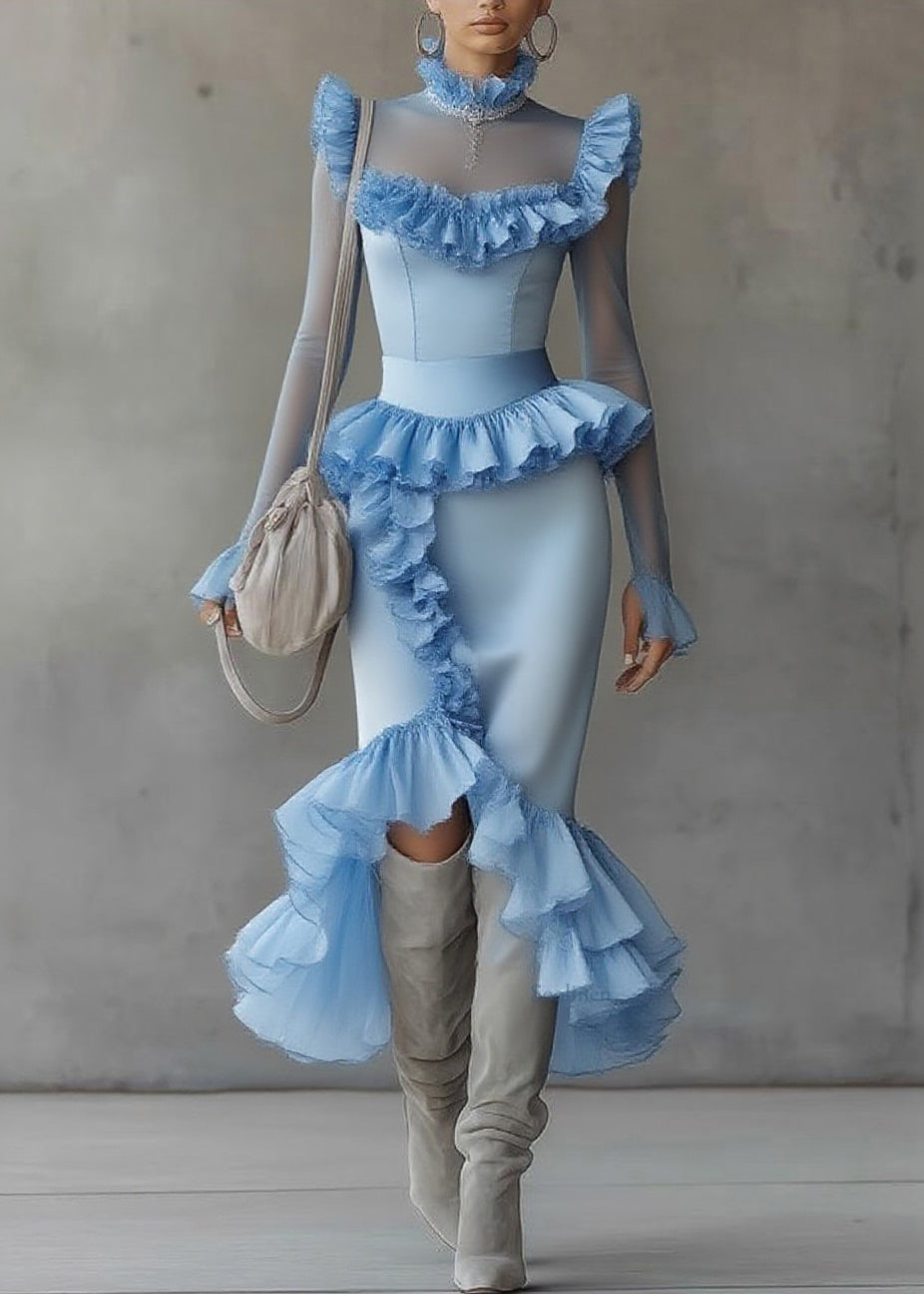 Modern Blue Turtleneck Ruffled Tulle Patchwork Long Dress Flare Sleeve