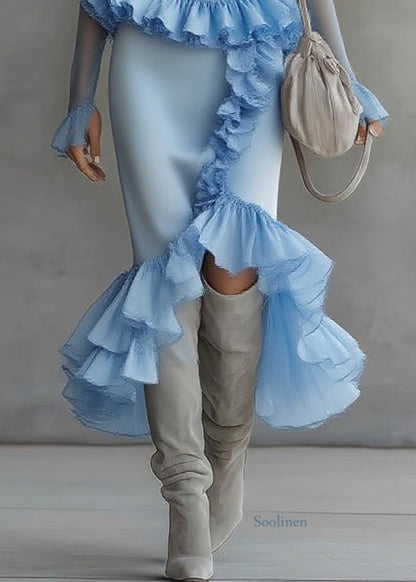 Modern Blue Turtleneck Ruffled Tulle Patchwork Long Dress Flare Sleeve