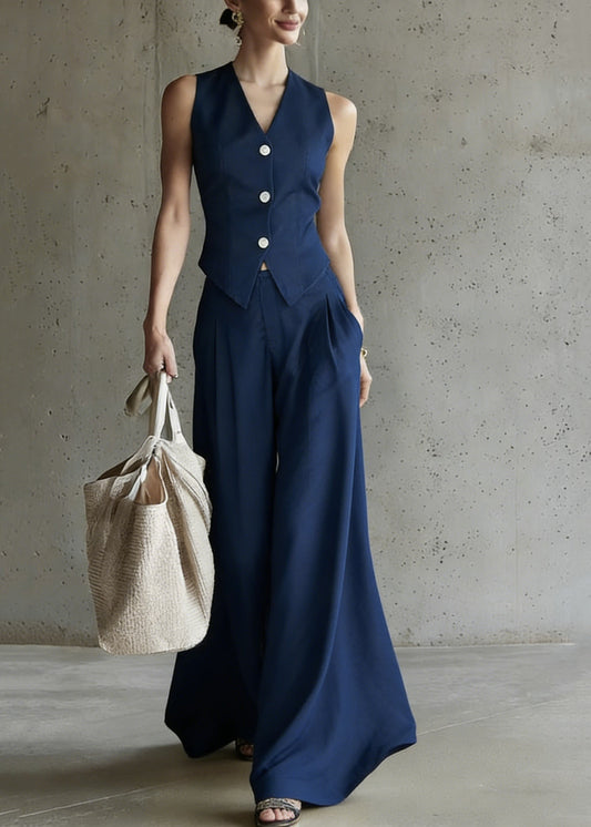 Modern Blue V Neck Button Waistcoat And Wide Leg Pants Two Pieces Set Sleeveless