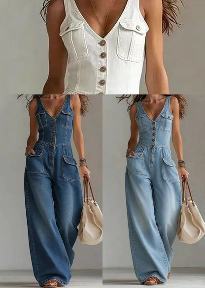 Modern Blue V Neck Denim Jumpsuit Wide Leg Pants Summer