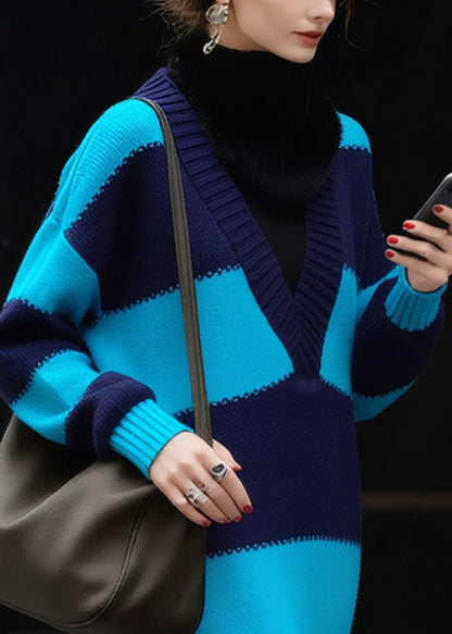 Modern Blue V Neck Striped Cozy Patchwork Knit Sweater Dress Spring