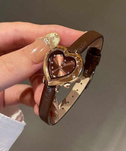 Modern Brown Leather Patchwork Zircon Heart-Shaped Watches