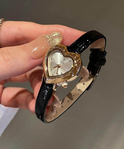 Modern Brown Leather Patchwork Zircon Heart-Shaped Watches