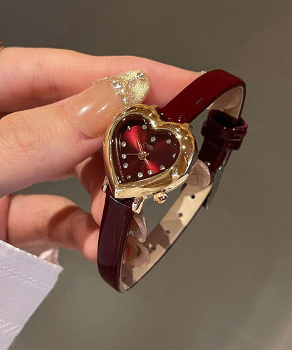 Modern Brown Leather Patchwork Zircon Heart-Shaped Watches