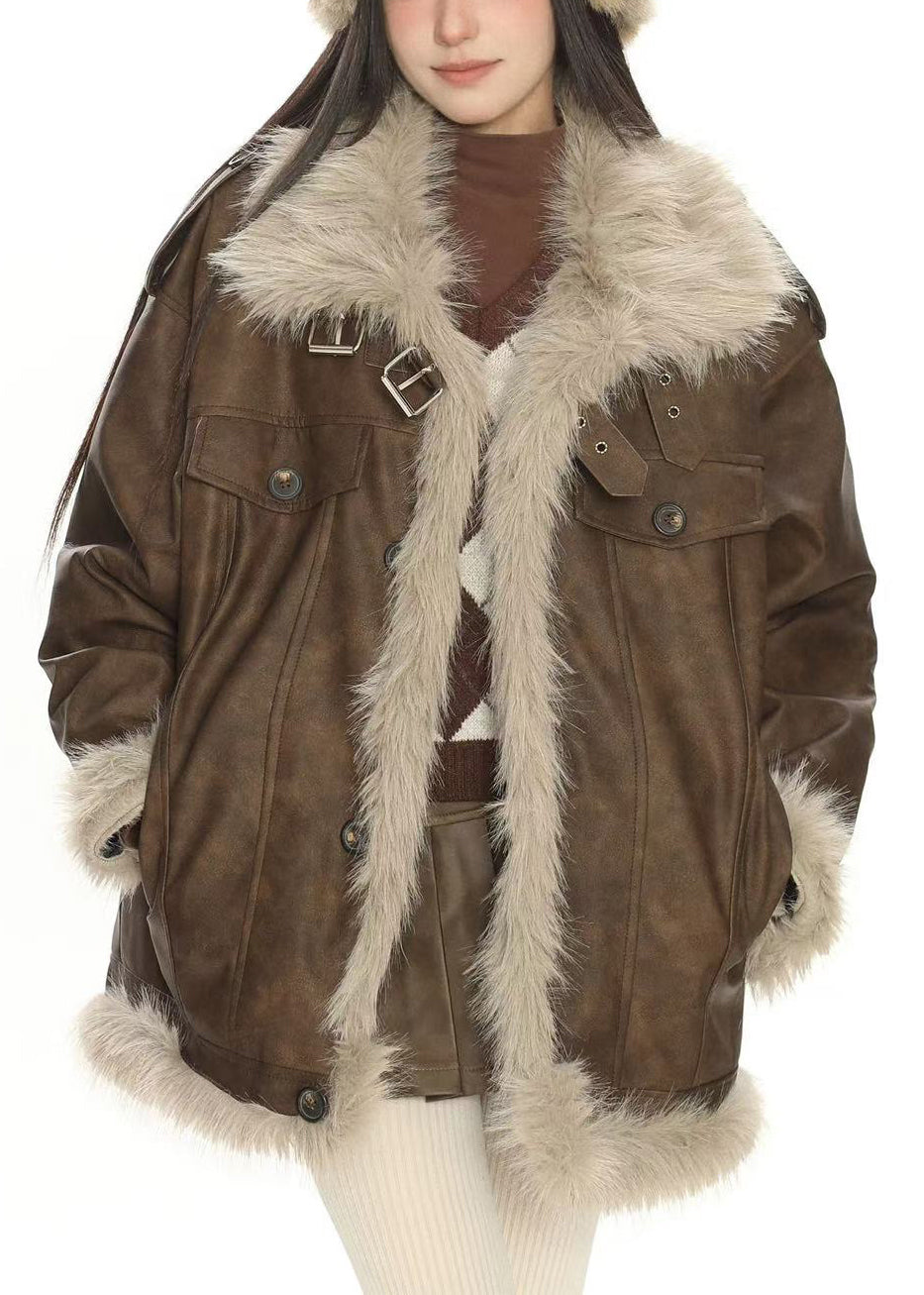 Moderne braune Oversize-Patchwork-Kunstlederjacken für den Winter