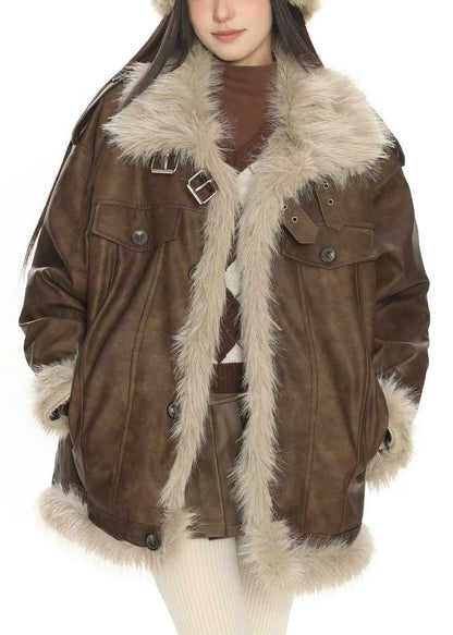 Moderne braune Oversize-Patchwork-Kunstlederjacken für den Winter