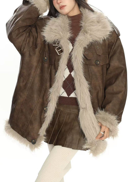 Moderne braune Oversize-Patchwork-Kunstlederjacken für den Winter