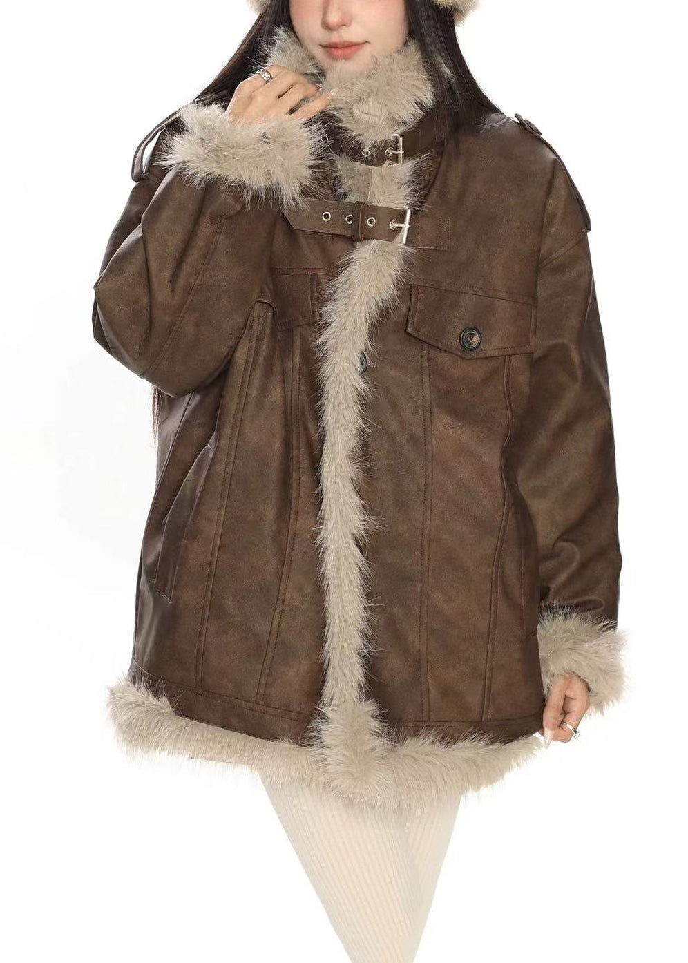 Moderne braune Oversize-Patchwork-Kunstlederjacken für den Winter