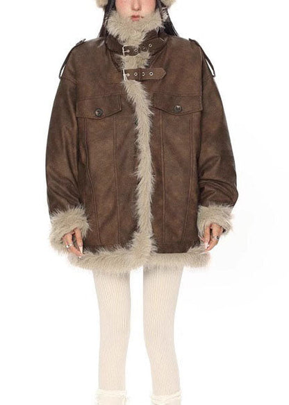 Moderne braune Oversize-Patchwork-Kunstlederjacken für den Winter