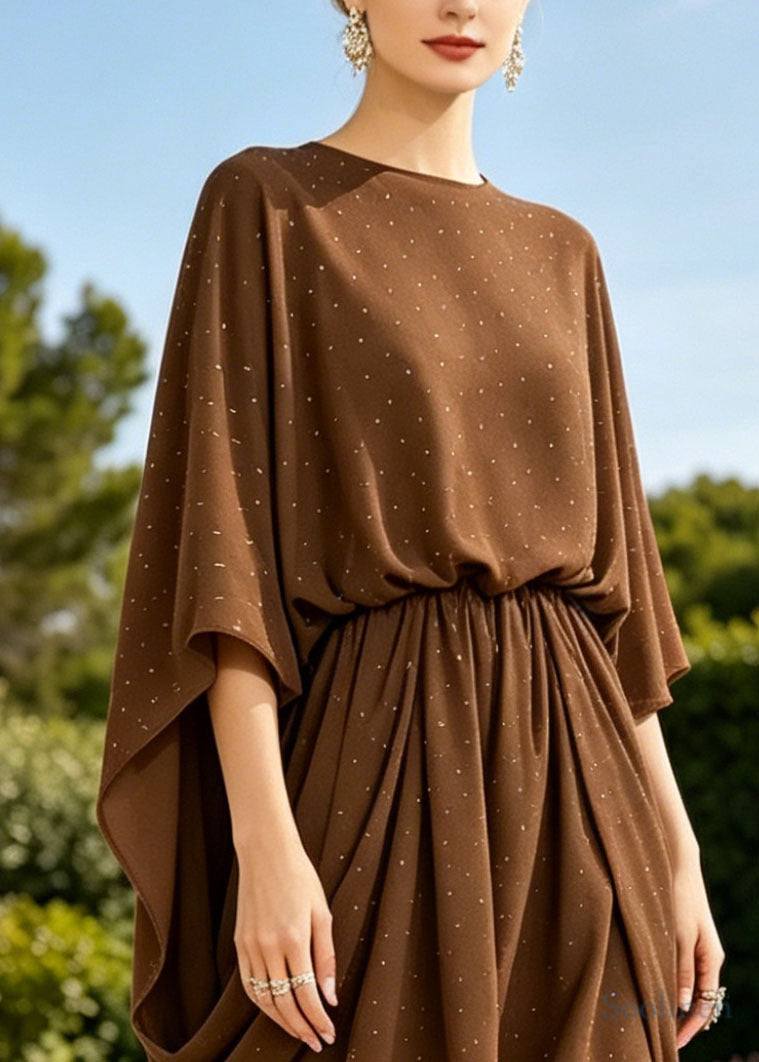 Modern Brown Oversized Zircon Cotton Day Dresses Batwing Sleeve