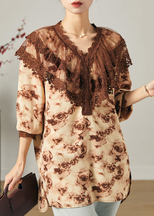 Moderne Braun Peter Pan Kragen Tie Dye Chiffon Shirts Frühling