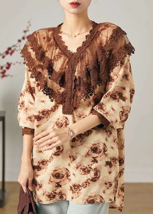 Moderne Braun Peter Pan Kragen Tie Dye Chiffon Shirts Frühling