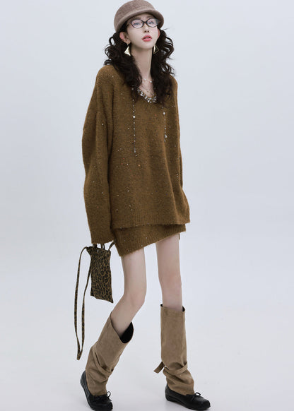 Conjunto moderno de dos piezas de punto con lentejuelas marrones y diamantes de imitación para invierno