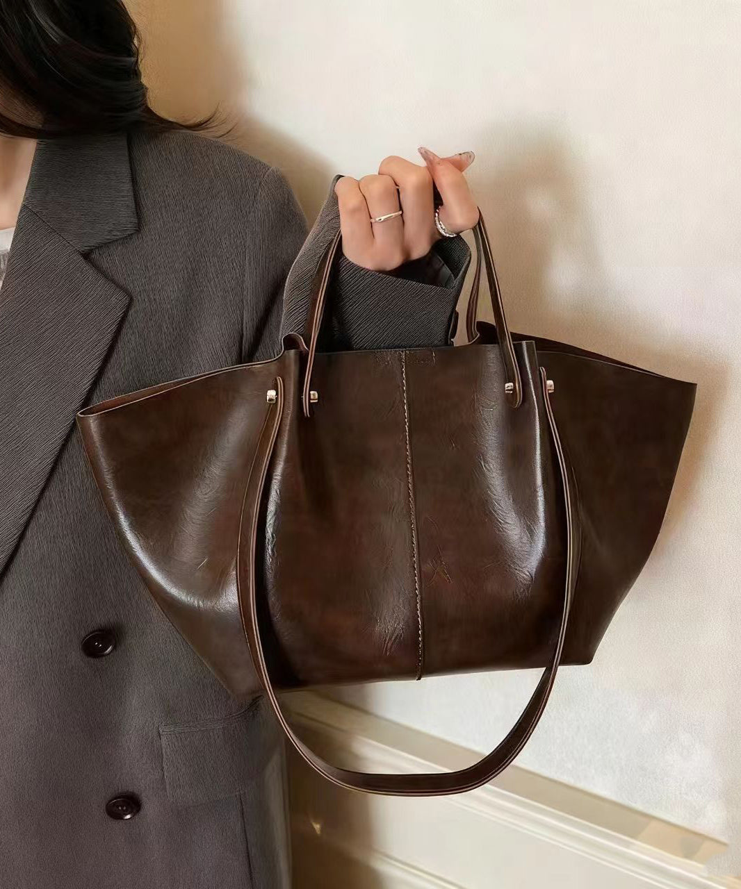 Modern Brown Solid Durable Wrinkled Faux Leather Satchel Handbag