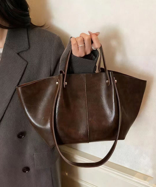 Modern Brown Solid Durable Wrinkled Faux Leather Satchel Handbag