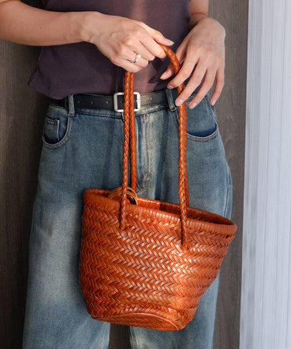 Modern Brown Weave Large Capacity Leather Side Pack Handbag