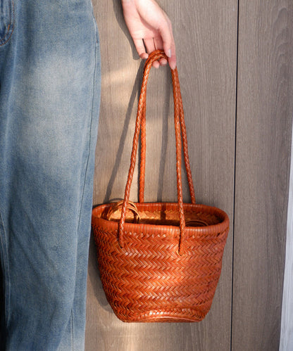 Modern Brown Weave Large Capacity Leather Side Pack Handbag