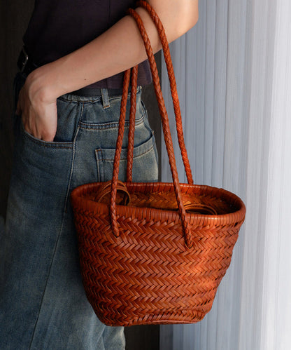 Modern Brown Weave Large Capacity Leather Side Pack Handbag