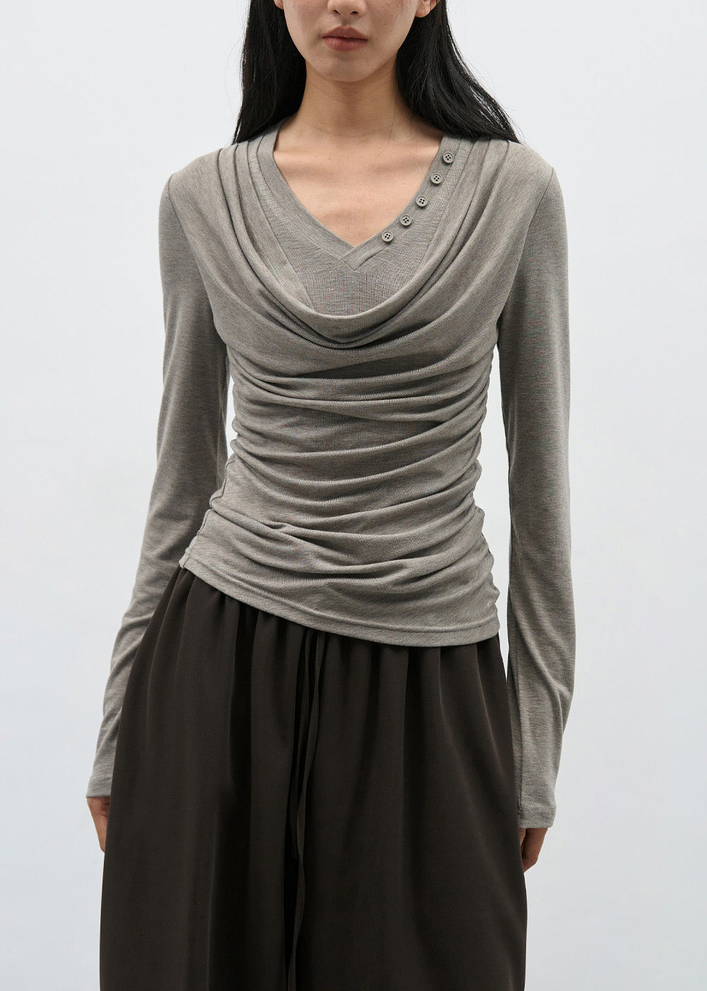 Modern Brown Wrinkled Patchwork Cotton T Shirts Spring