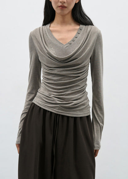 Modern Brown Wrinkled Patchwork Cotton T Shirts Spring