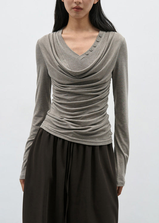 Modern Brown Wrinkled Patchwork Cotton T Shirts Spring