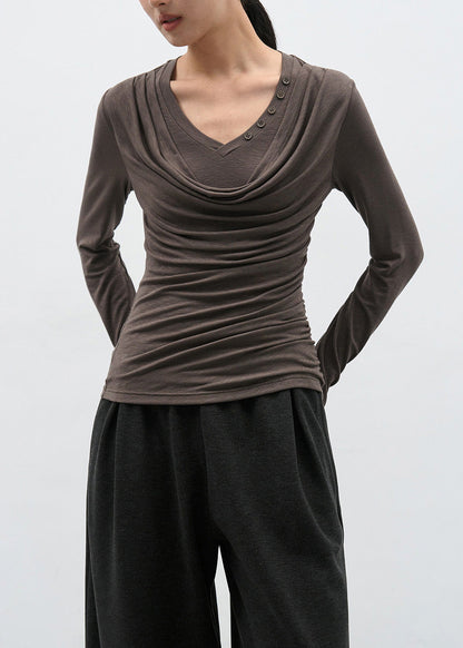 Modern Brown Wrinkled Patchwork Cotton T Shirts Spring