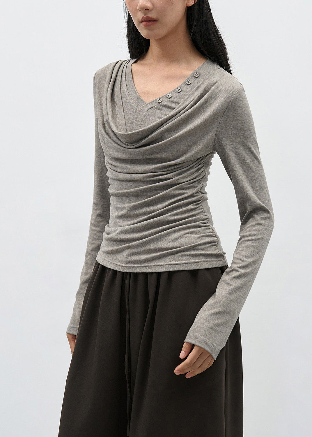 Modern Brown Wrinkled Patchwork Cotton T Shirts Spring
