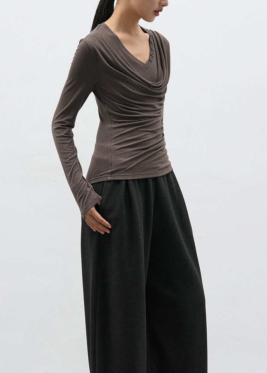 Modern Brown Wrinkled Patchwork Cotton T Shirts Spring
