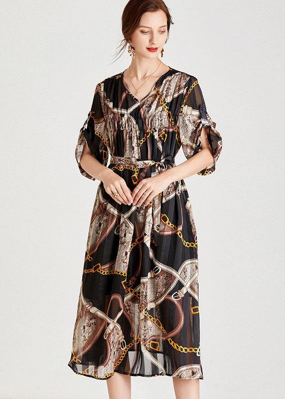 Modern Chains Black Tie Waist A Line Fall Chiffon Half Sleeve Vacation Dress - SooLinen