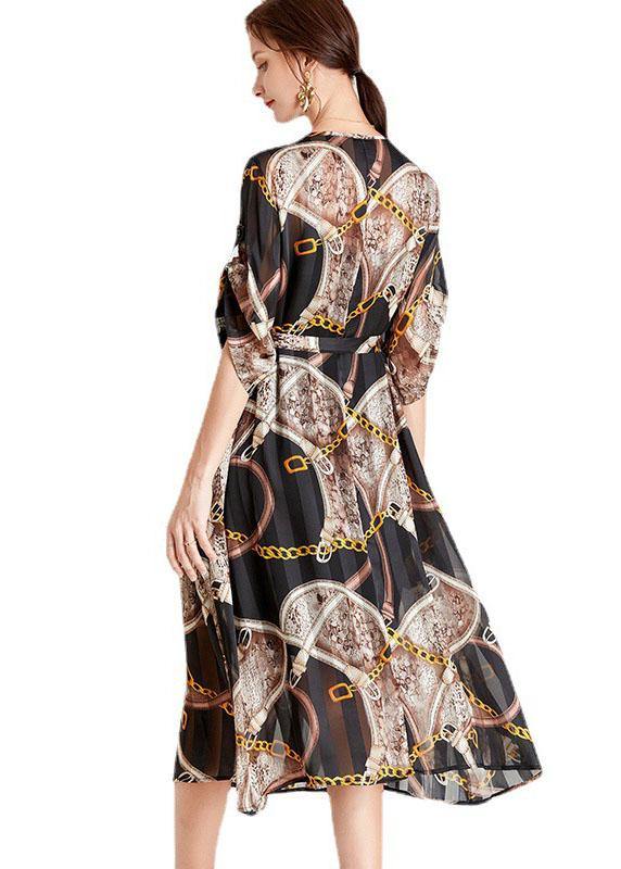 Modern Chains Black Tie Waist A Line Fall Chiffon Half Sleeve Vacation Dress - SooLinen