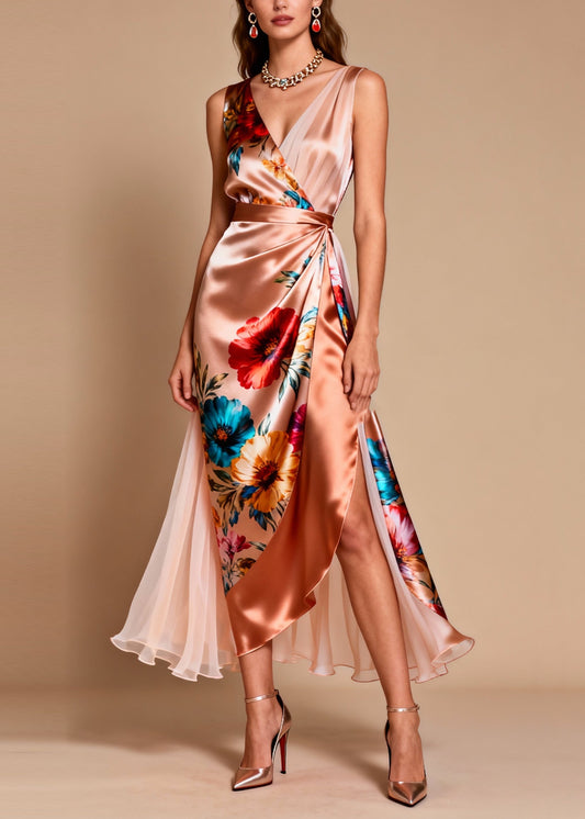 Modern Champagne Asymmetrical Patchwork Tulle Flower Print Dinner Dress Summer