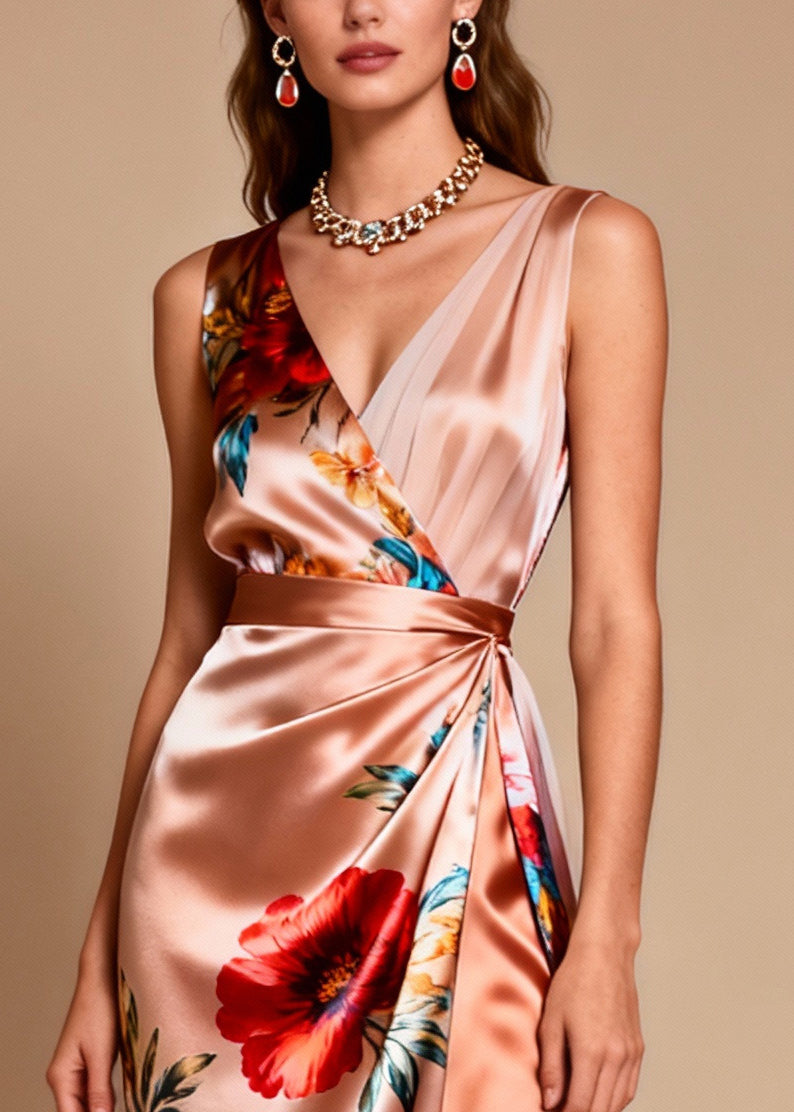 Modern Champagne Asymmetrical Patchwork Tulle Flower Print Dinner Dress Summer