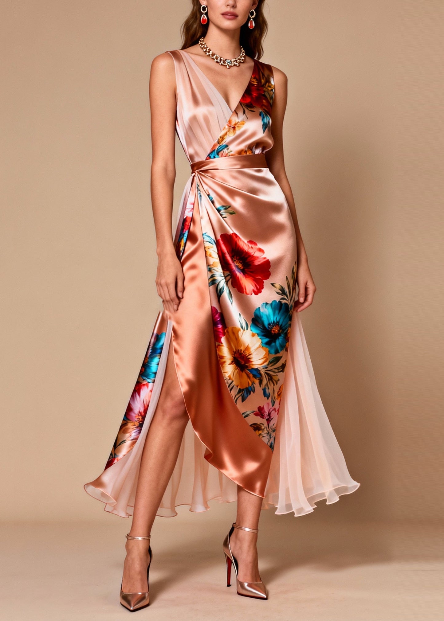 Modern Champagne Asymmetrical Patchwork Tulle Flower Print Dinner Dress Summer