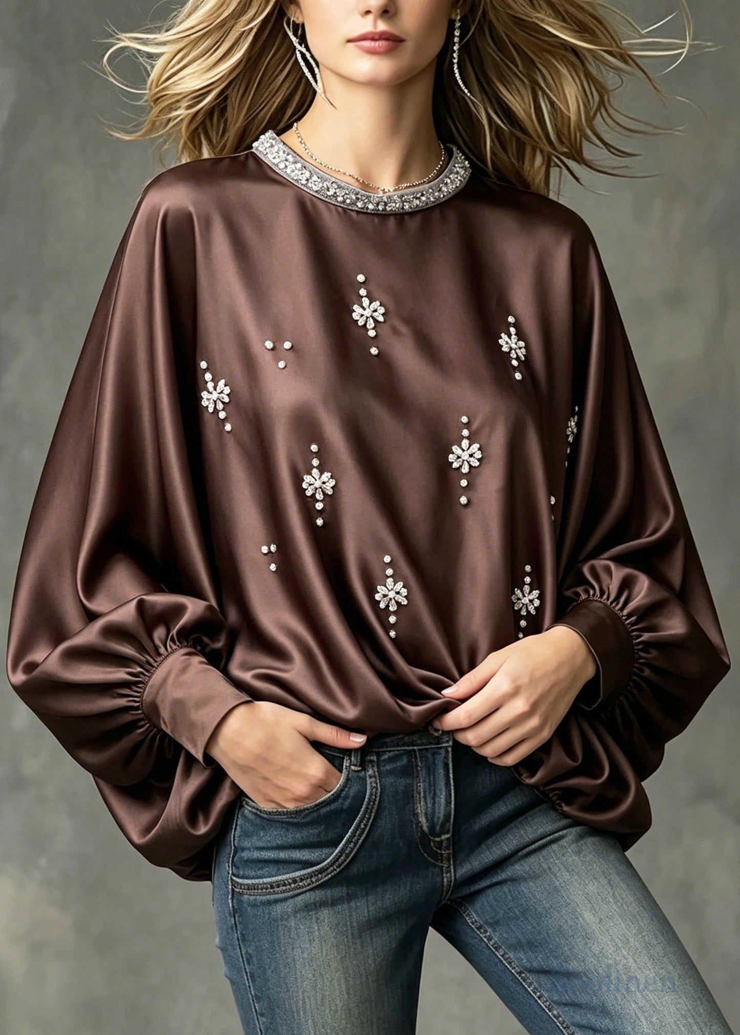 Modern Chocolate Oversized Zircon Silk Blouses Batwing Sleeve