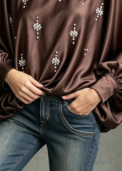Modern Chocolate Oversized Zircon Silk Blouses Batwing Sleeve