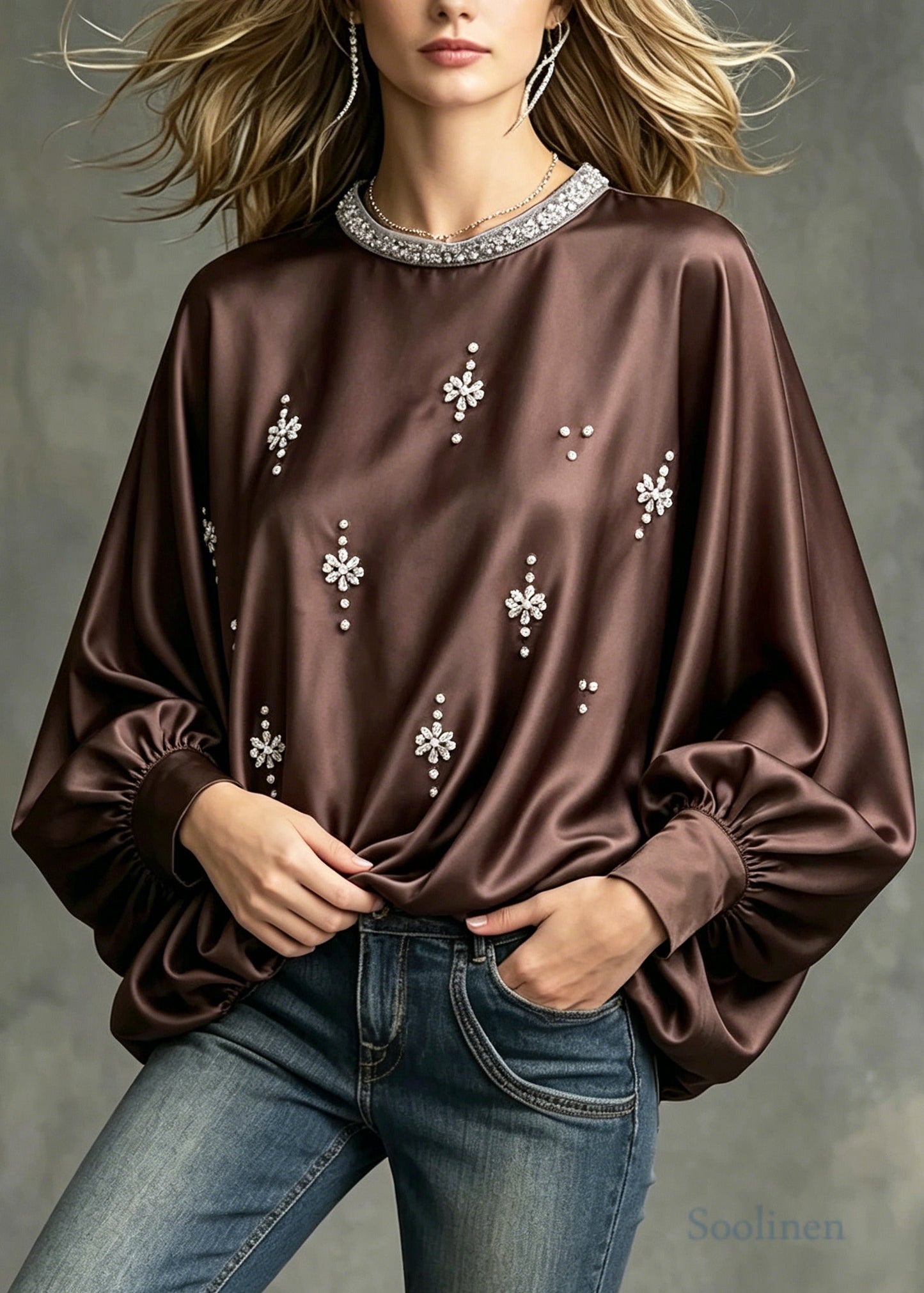 Modern Chocolate Oversized Zircon Silk Blouses Batwing Sleeve