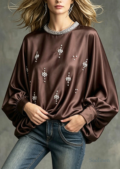 Modern Chocolate Oversized Zircon Silk Blouses Batwing Sleeve
