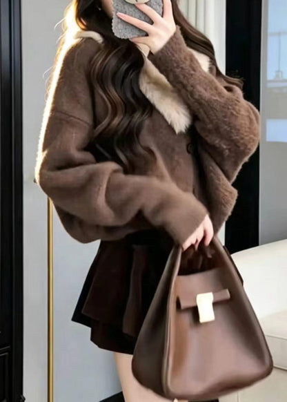 Modern Coffee Furry Collar Knit Cardigan And Skirt Two Piece Set Fall