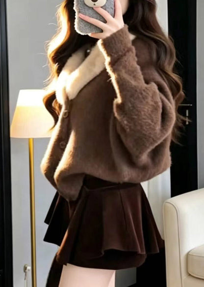 Modern Coffee Furry Collar Knit Cardigan And Skirt Two Piece Set Fall