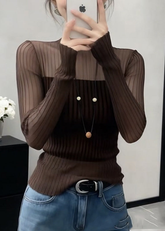 Modern Coffee Tulle Patchwork Knit Top Long Sleeve