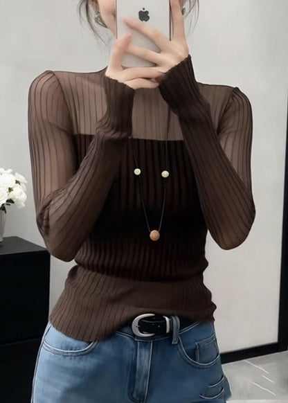 Modern Coffee Tulle Patchwork Knit Top Long Sleeve