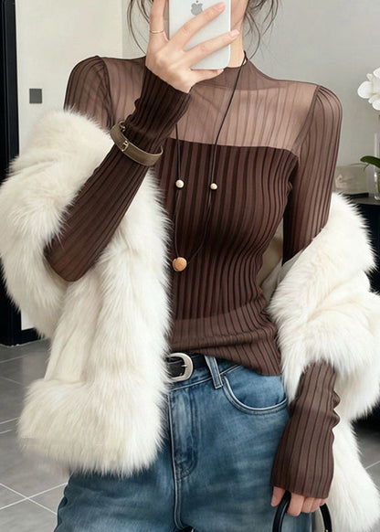 Modern Coffee Tulle Patchwork Knit Top Long Sleeve