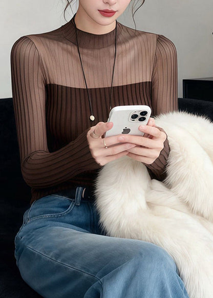 Modern Coffee Tulle Patchwork Knit Top Long Sleeve