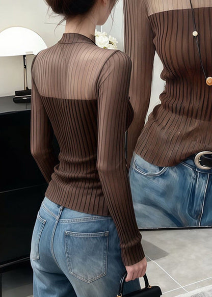 Modern Coffee Tulle Patchwork Knit Top Long Sleeve