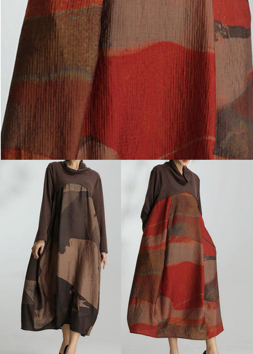 Modern Chocolate Turtle Neck Patchwork Silk Robe Dresses Spring