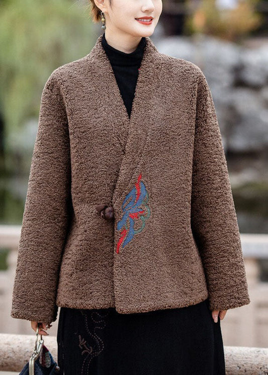 Moderne Schokolade V-Ausschnitt bestickt dicken Teddy Kunstpelz Mäntel Winter