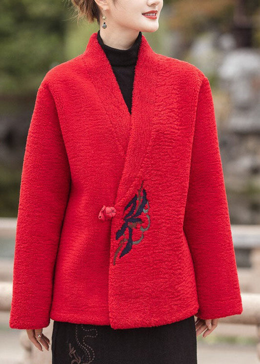 Moderne Schokolade V-Ausschnitt bestickt dicken Teddy Kunstpelz Mäntel Winter