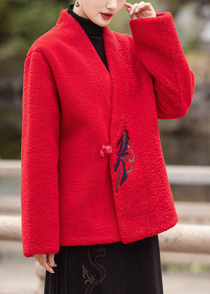 Moderne Schokolade V-Ausschnitt bestickt dicken Teddy Kunstpelz Mäntel Winter