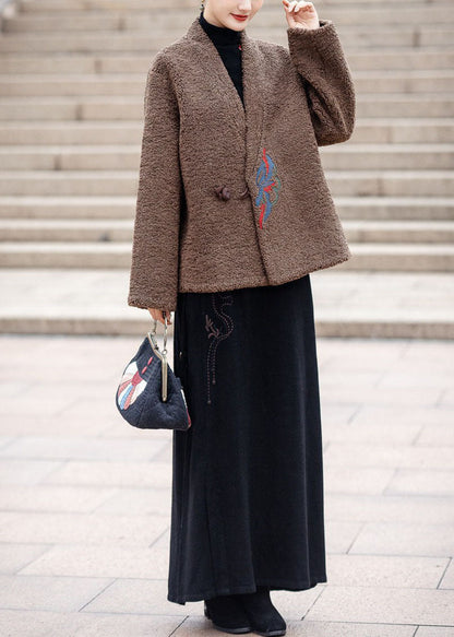 Moderne Schokolade V-Ausschnitt bestickt dicken Teddy Kunstpelz Mäntel Winter