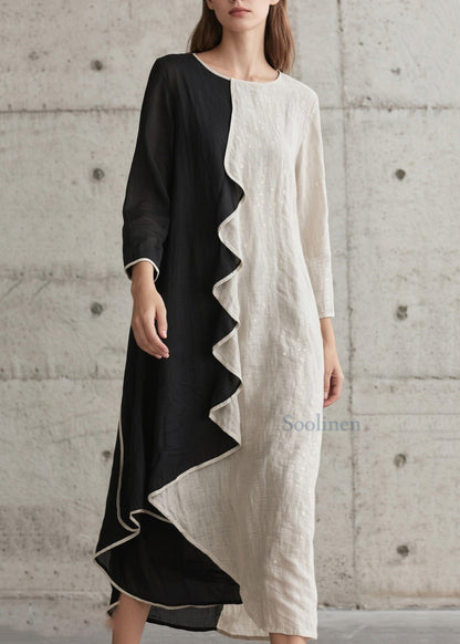 Modernes, farblich abgesetztes, gerüschtes Patchwork-Baumwollkleid für die Feiertage im Frühling